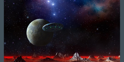 An image of a rocky landscape with a red horizon under a starry sky, floating planet, and space ship