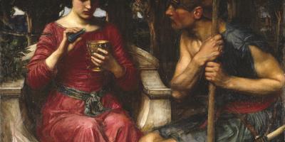 A painting of Medea pouring a vial into a chalice while a sentry looks on enquiringly