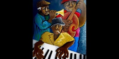 A painting of three black blues musicians, playing keyboard, bass, and a horn
